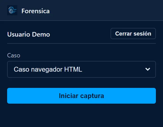 Extensión de navegador — inicio de sesión y selección de caso.