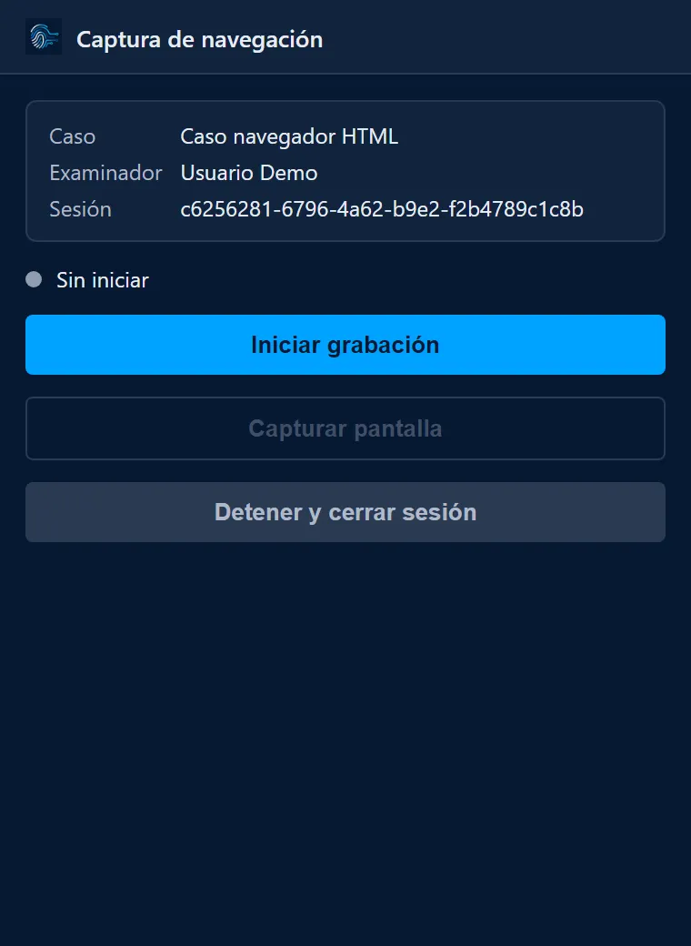 Extensión de navegador Forensica grabando una sesión de investigación