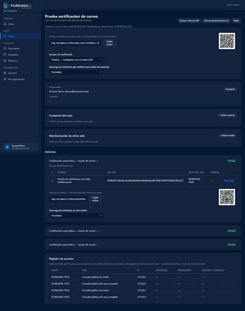 Detalle de caso con hash, sello RFC 3161 y hash encadenado por artefacto