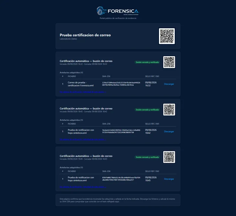 Portal público con la verificación de un caso completo