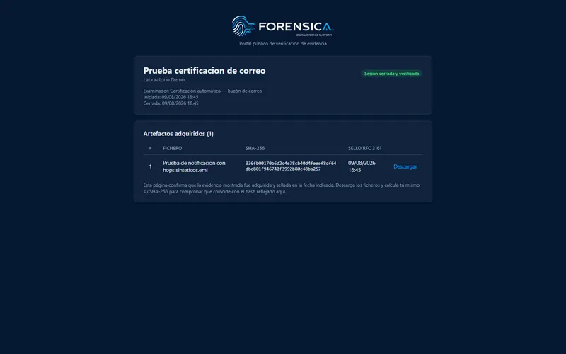 Portal público de verificación mostrando hash y sello de una evidencia